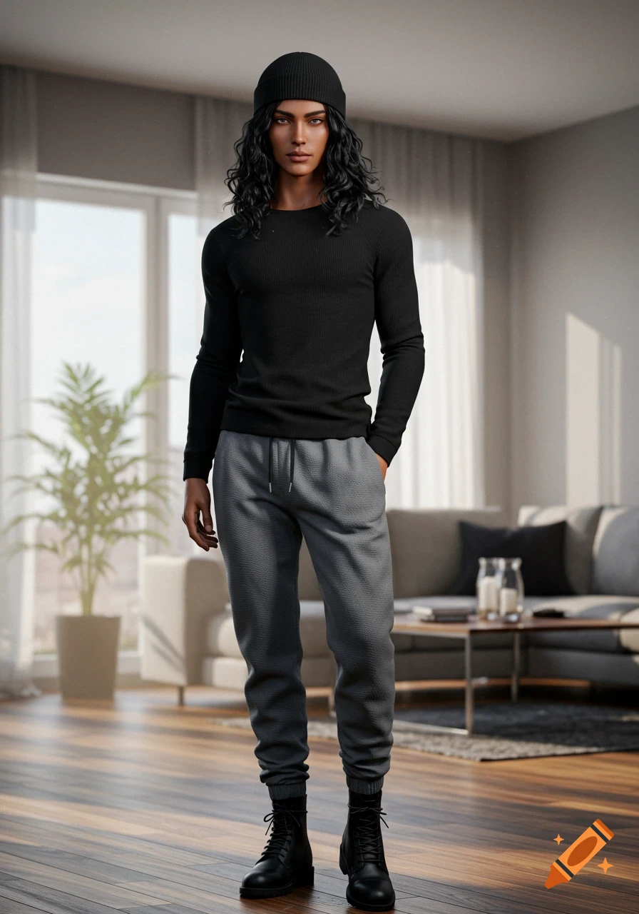 An androgynous person with long black wavy hair and a beanie, wearing a black shirt, grey sweatpants, and black boots, stands in a modern living room.