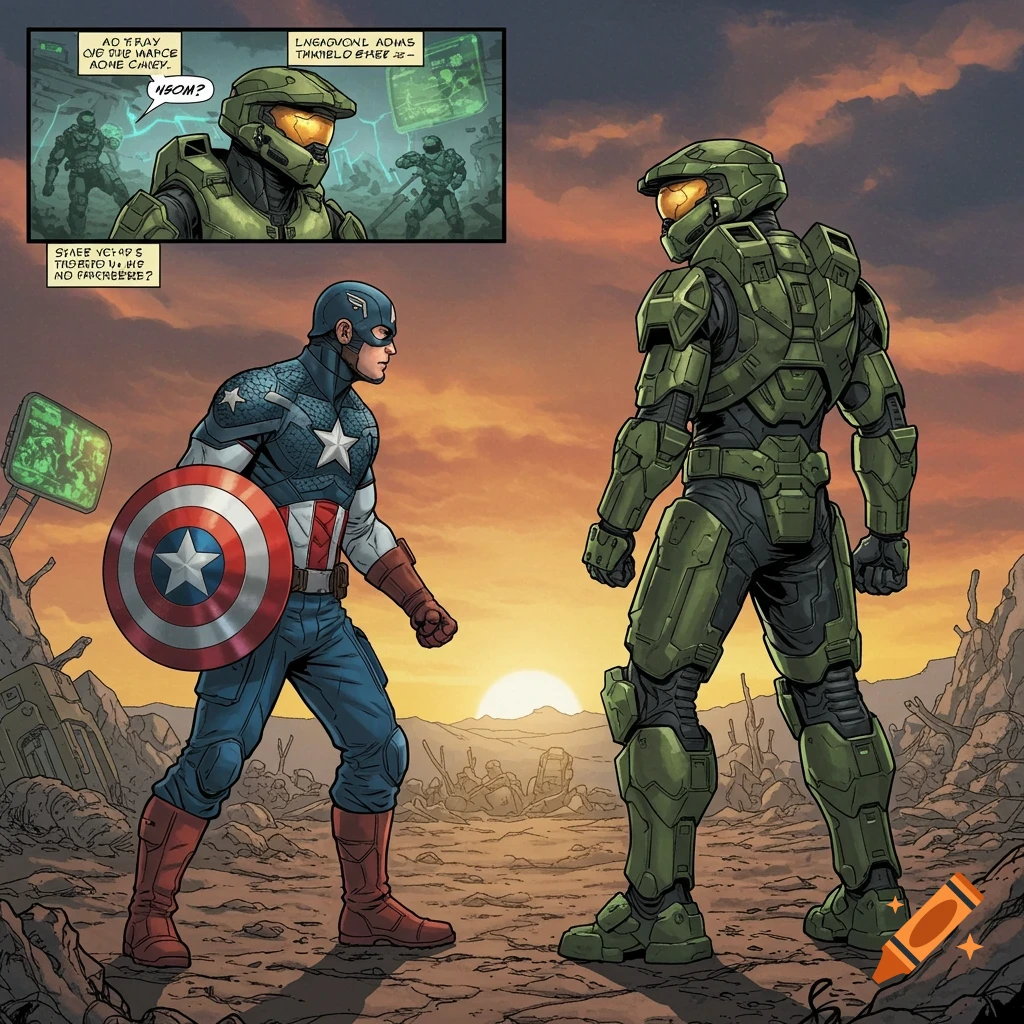 A comic book panel shows Captain America and Master Chief facing each other in a desolate, sunset landscape. Comic text bubbles are visible above them.