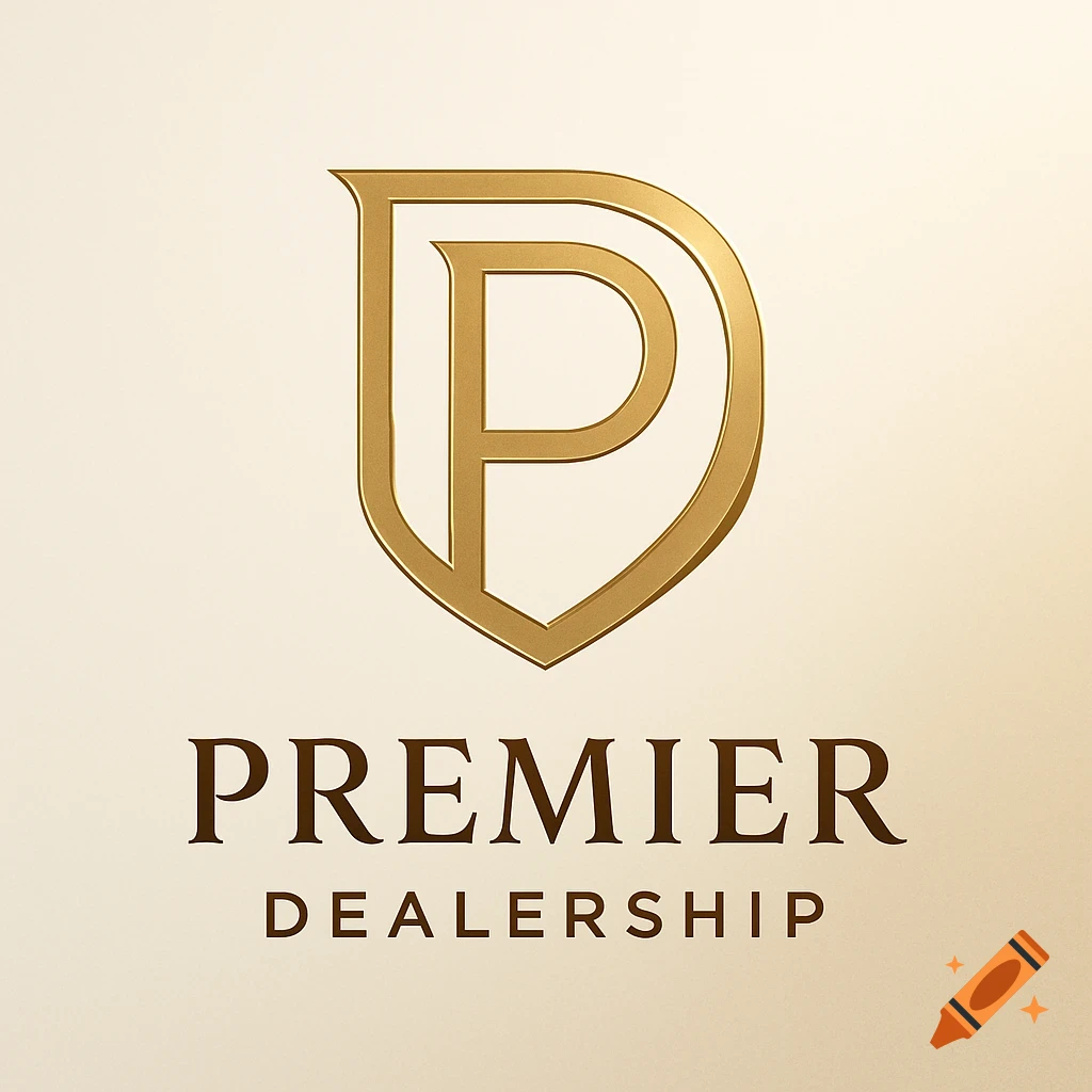A gold shield logo with a letter P inside, above the words 'PREMIER DEALERSHIP' on a beige background.