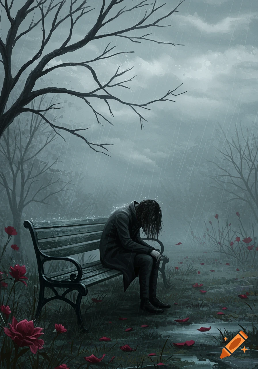 A lone figure sits hunched on a park bench in the rain, surrounded by bare trees and fallen red petals.