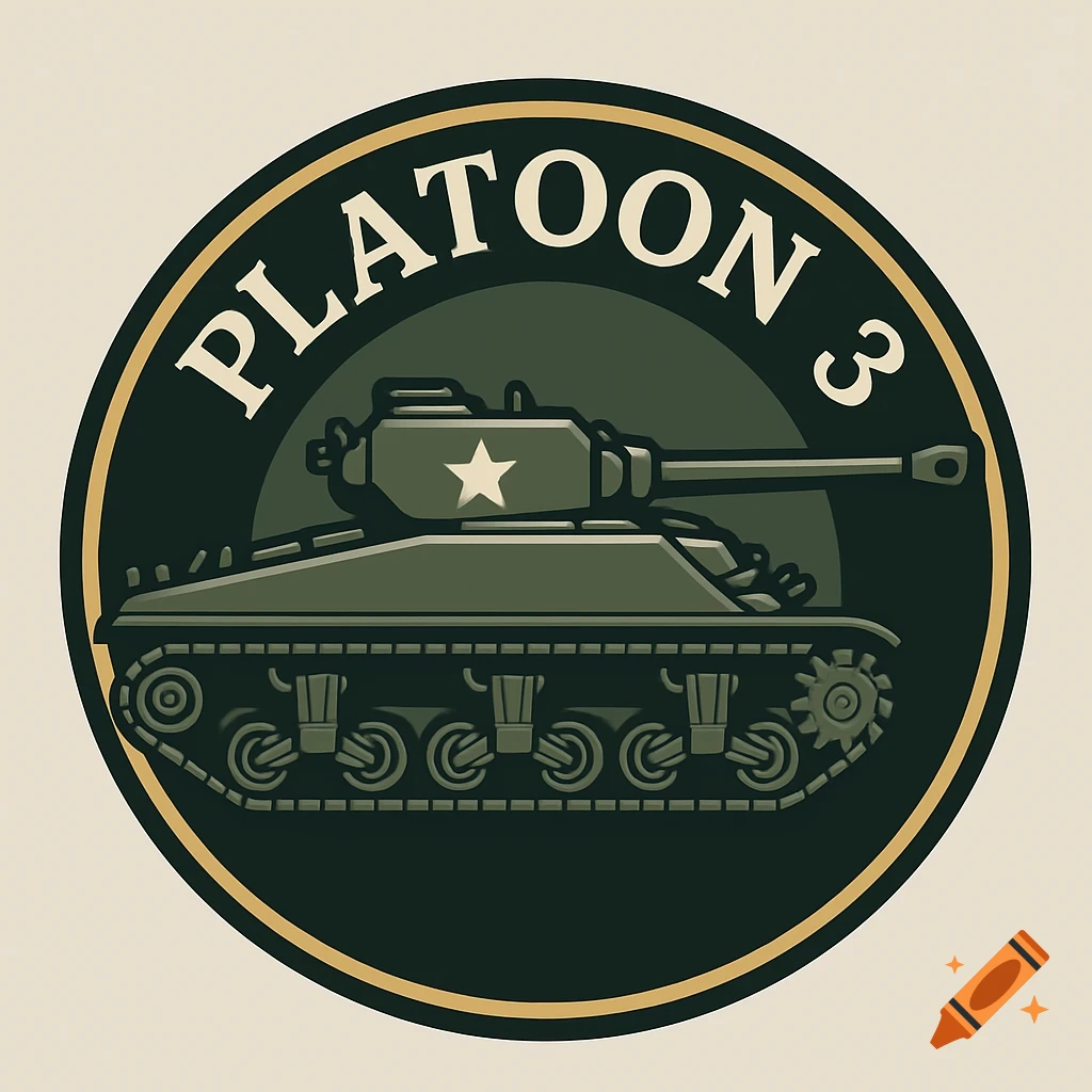 A circular military insignia with a stylized M4A3E8 tank and the text "PLATOON 3" in a vintage style.