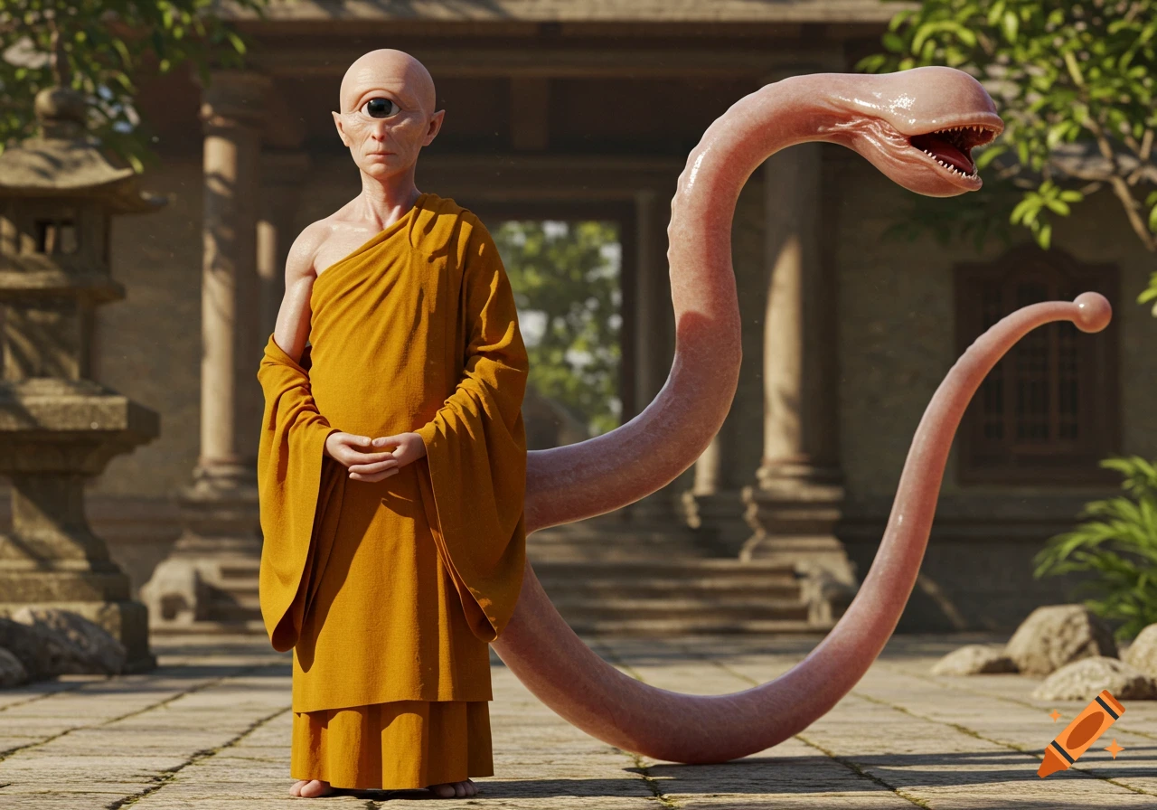 A realistic bald cyclops alien in orange monk robes stands with a long, pink, eyeless monstrous tail with a gaping mouth, in a temple courtyard.