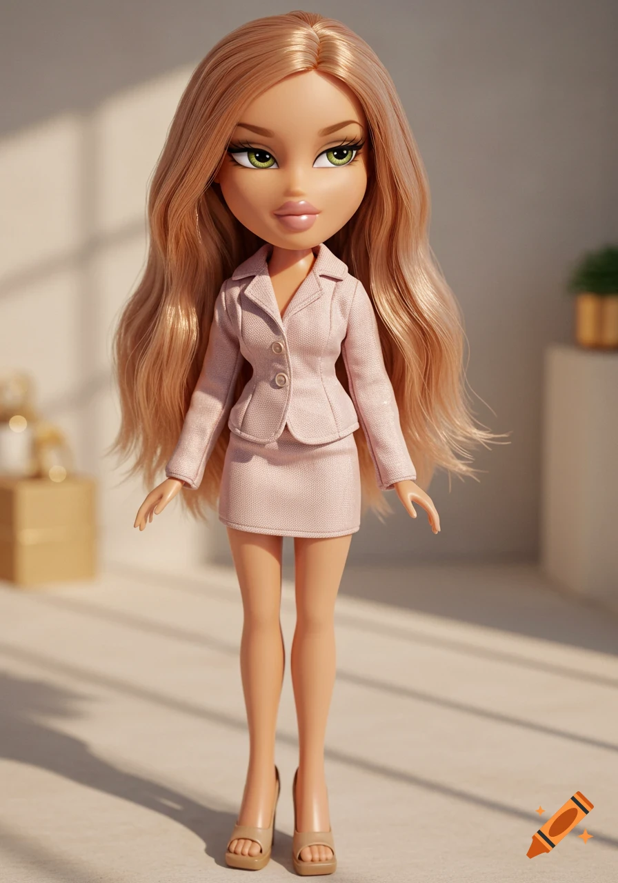 Photorealistic Bratz doll with long blonde hair, hazel eyes, in a light pink business suit and skirt with slingback heels, indoors.