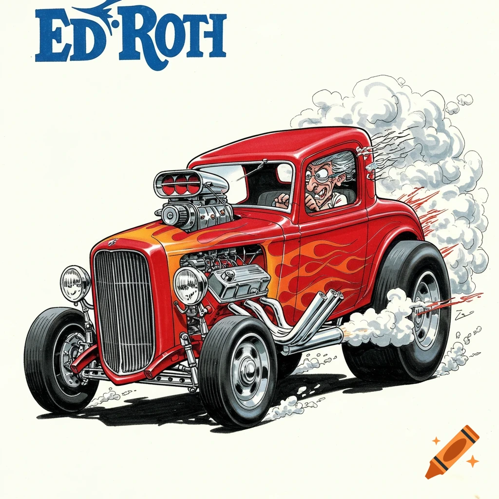 A cartoon Ed Roth-style red hot rod with flames, driven by a wild-eyed man, spewing smoke.