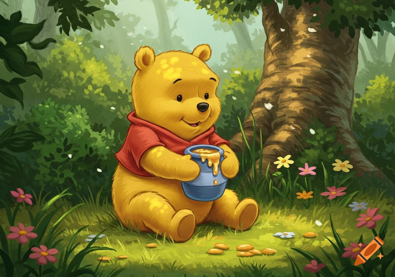 Winnie the Pooh, a yellow bear in a red shirt, sits in a vibrant forest, smiling while holding a dripping pot of honey. Cartoon style.