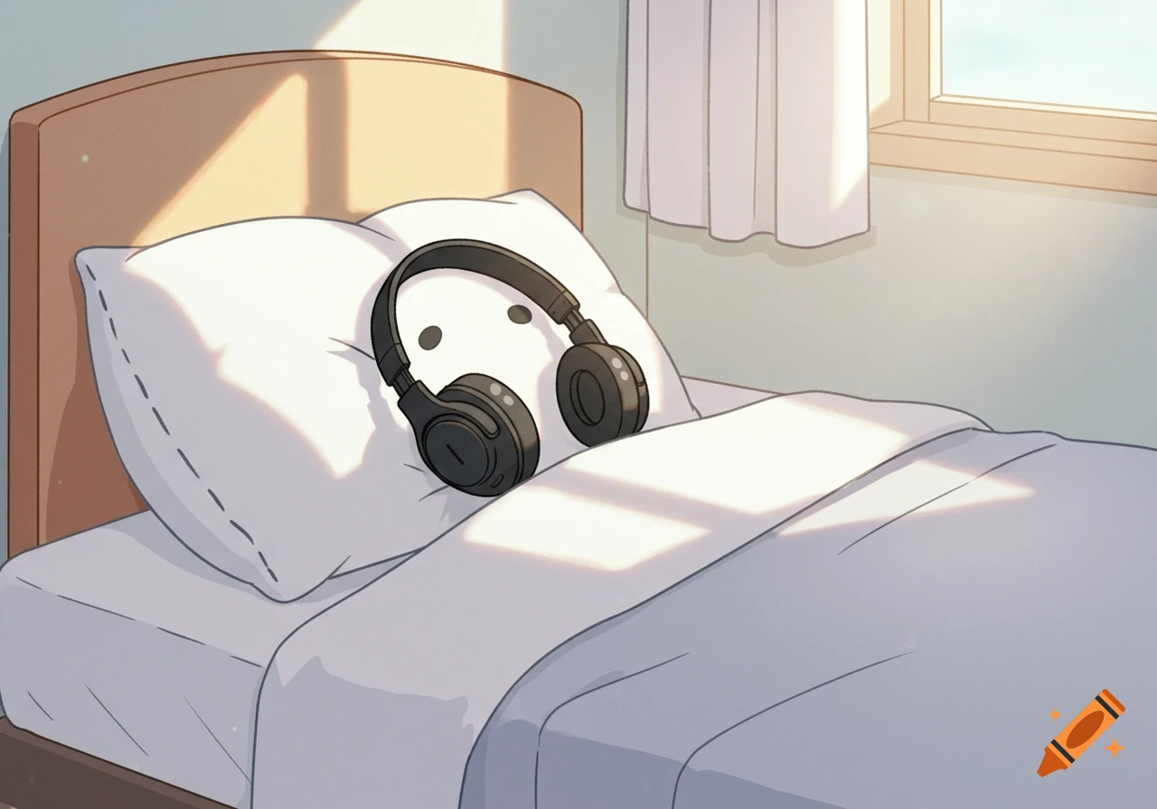 Cartoon image of black headphones on a white pillow on a bed, lit by sunlight from a window.