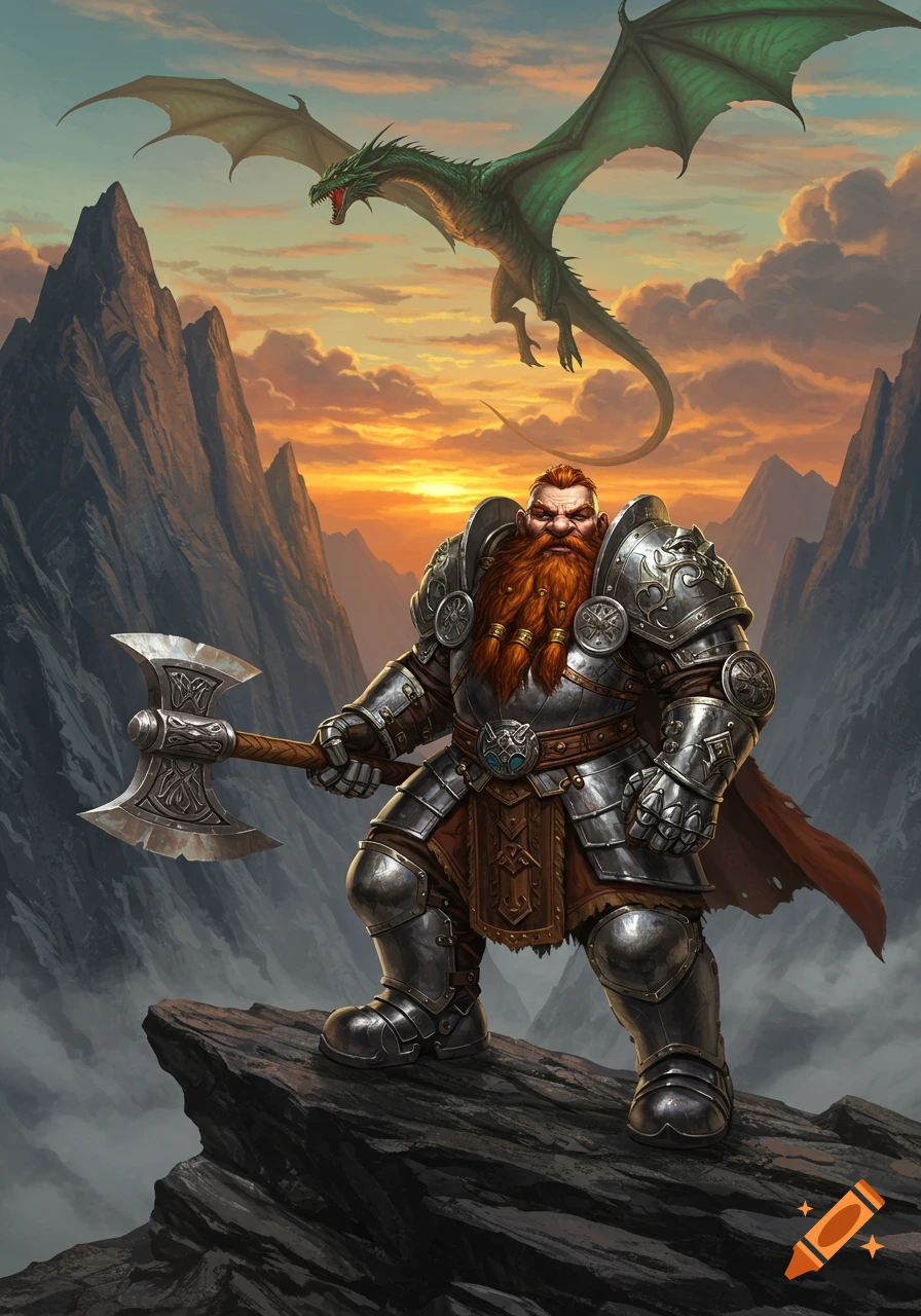 A fierce dwarf warrior in plate armor stands on a rocky mountain ledge, holding a large axe, while a green dragon flies overhead against a sunset sky.
