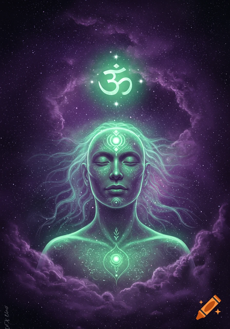 A glowing spiritual figure with closed eyes meditates amidst a cosmic purple galaxy, with a radiant Om symbol above their head.