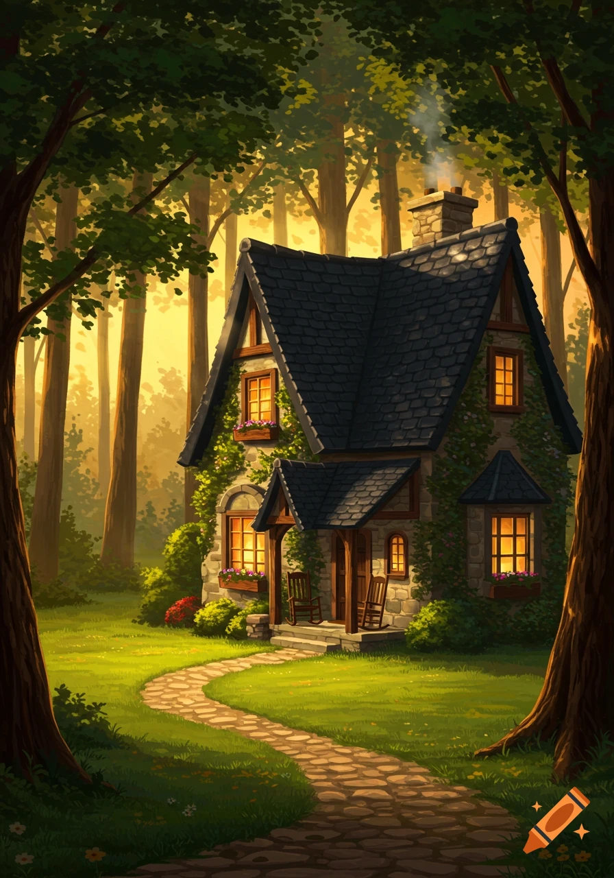 An enchanting illustration of a stone cottage with a black roof and glowing windows nestled in a sunlit forest, with a winding stone path.