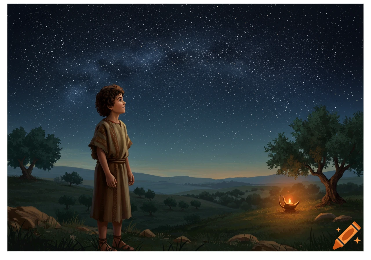 A young boy in ancient clothing looks up at a vast, starry night sky on a grassy hill with a glowing lamp nearby.