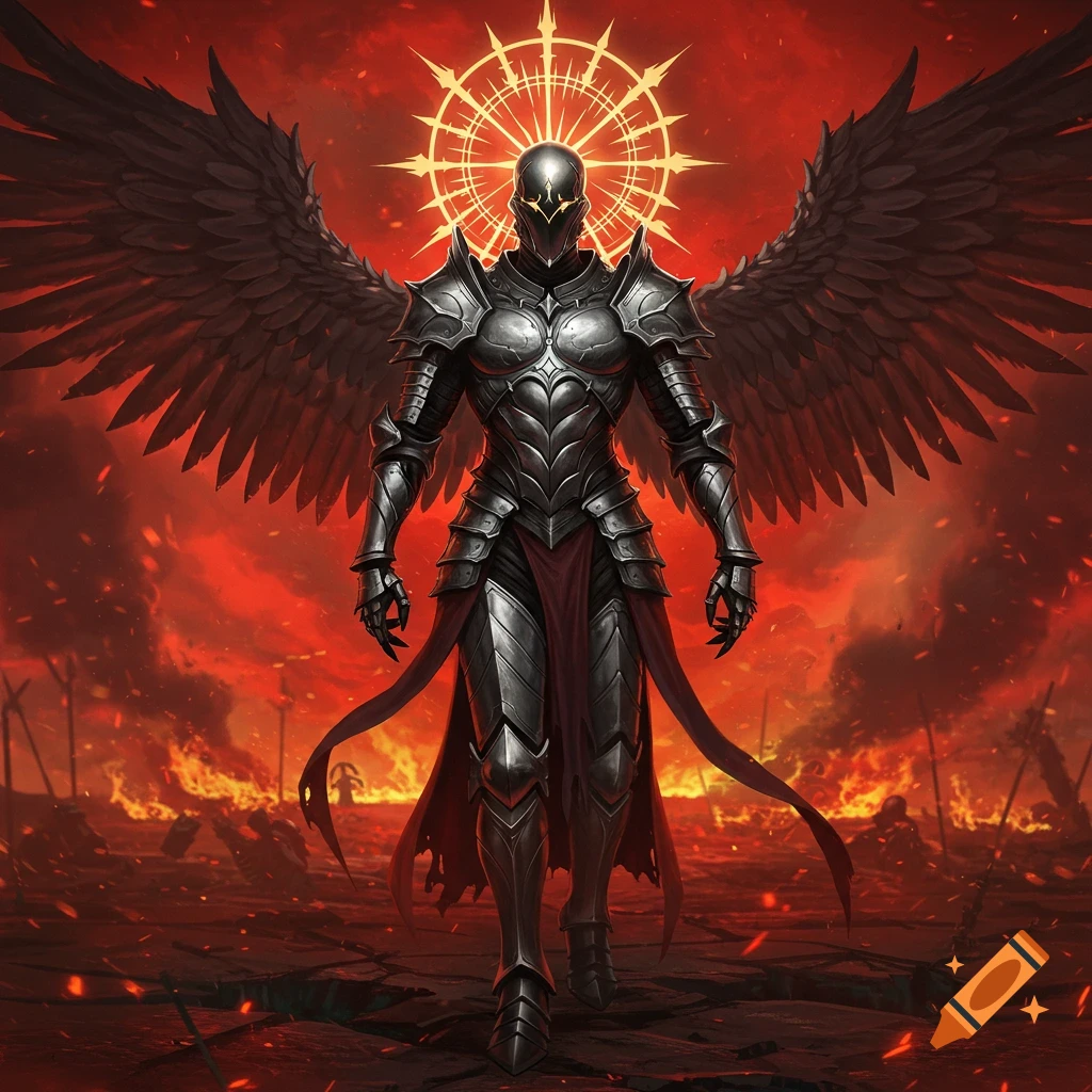 A heavily armored angelic figure with large dark wings stands in a fiery, ruined landscape under a glowing halo.
