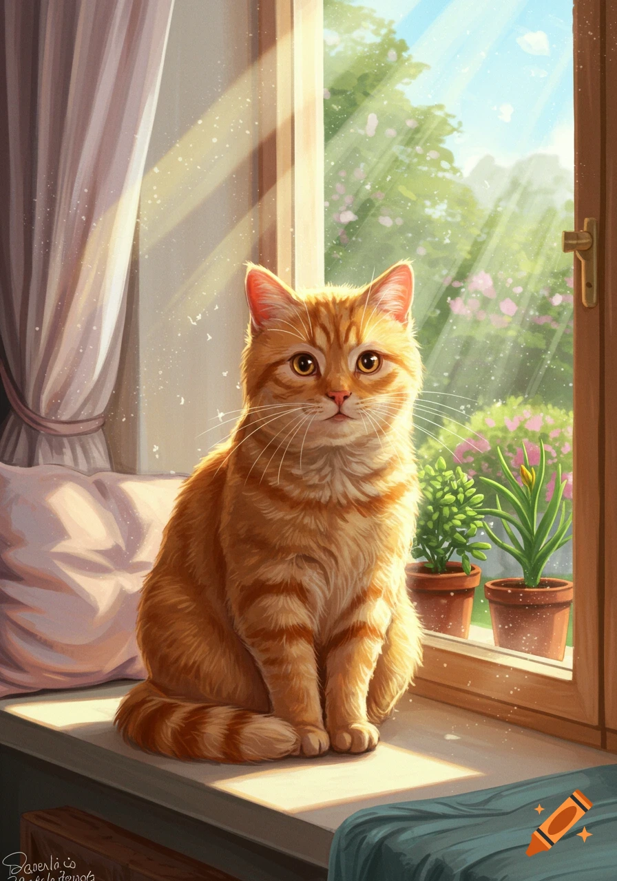 An orange tabby cat sits on a sunlit windowsill next to a white pillow and two potted plants, looking out at a bright green garden.