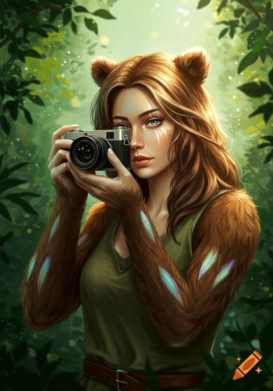 A female bear shifter with long brown hair and bear ears holds a camera in a lush green forest, in a digital art style.