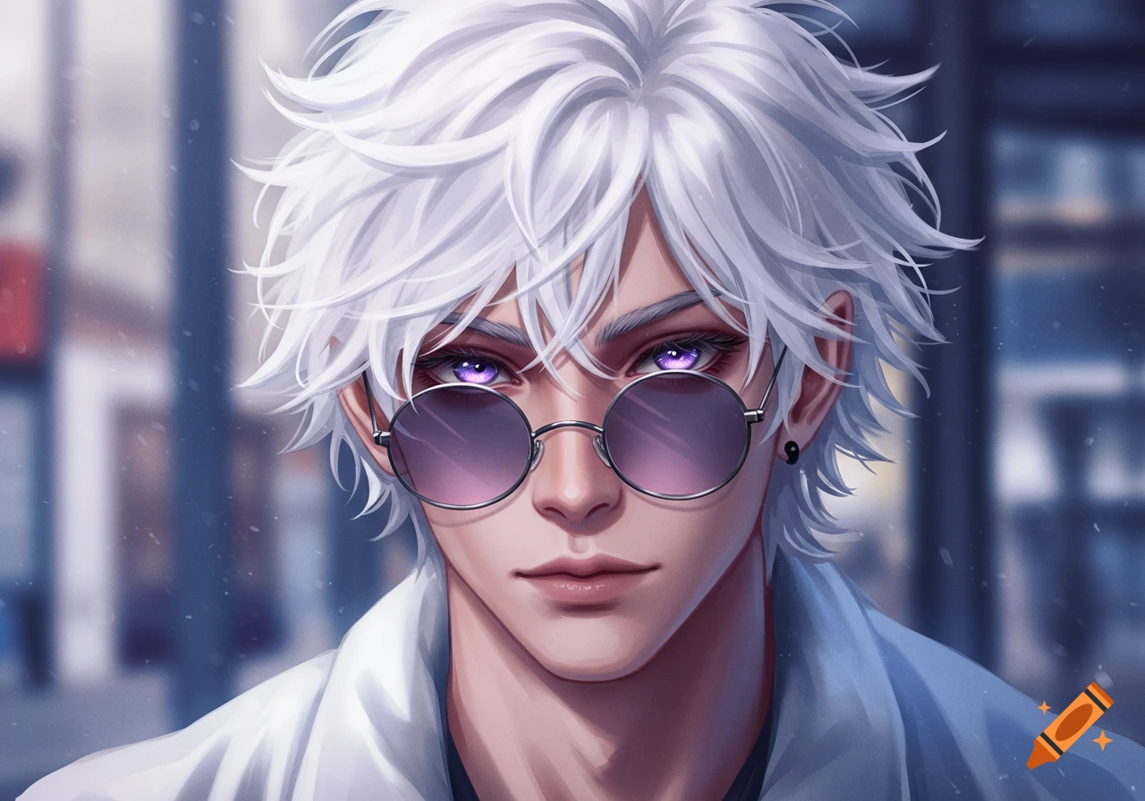 Anime-style man with white curly hair, pale skin, and purple eyes, wearing round sunglasses, angled towards the camera.
