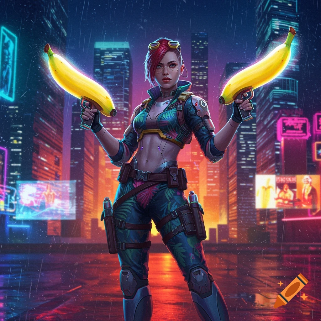A woman with red hair and goggles stands in a cyberpunk city, holding glowing banana guns.