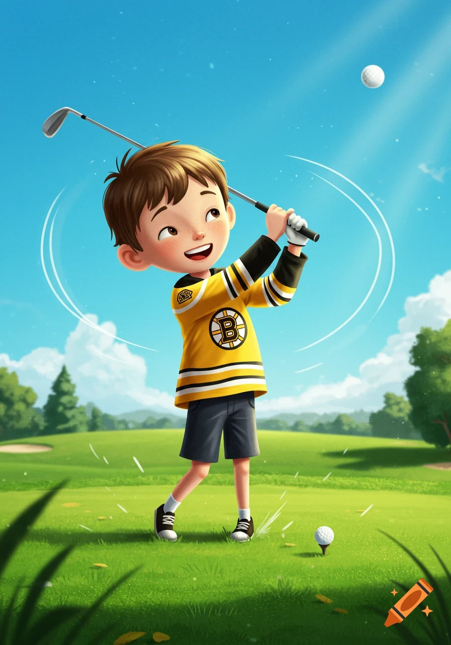 A cartoon boy in a yellow and black hockey jersey swings a golf club on a green golf course under a bright blue sky.