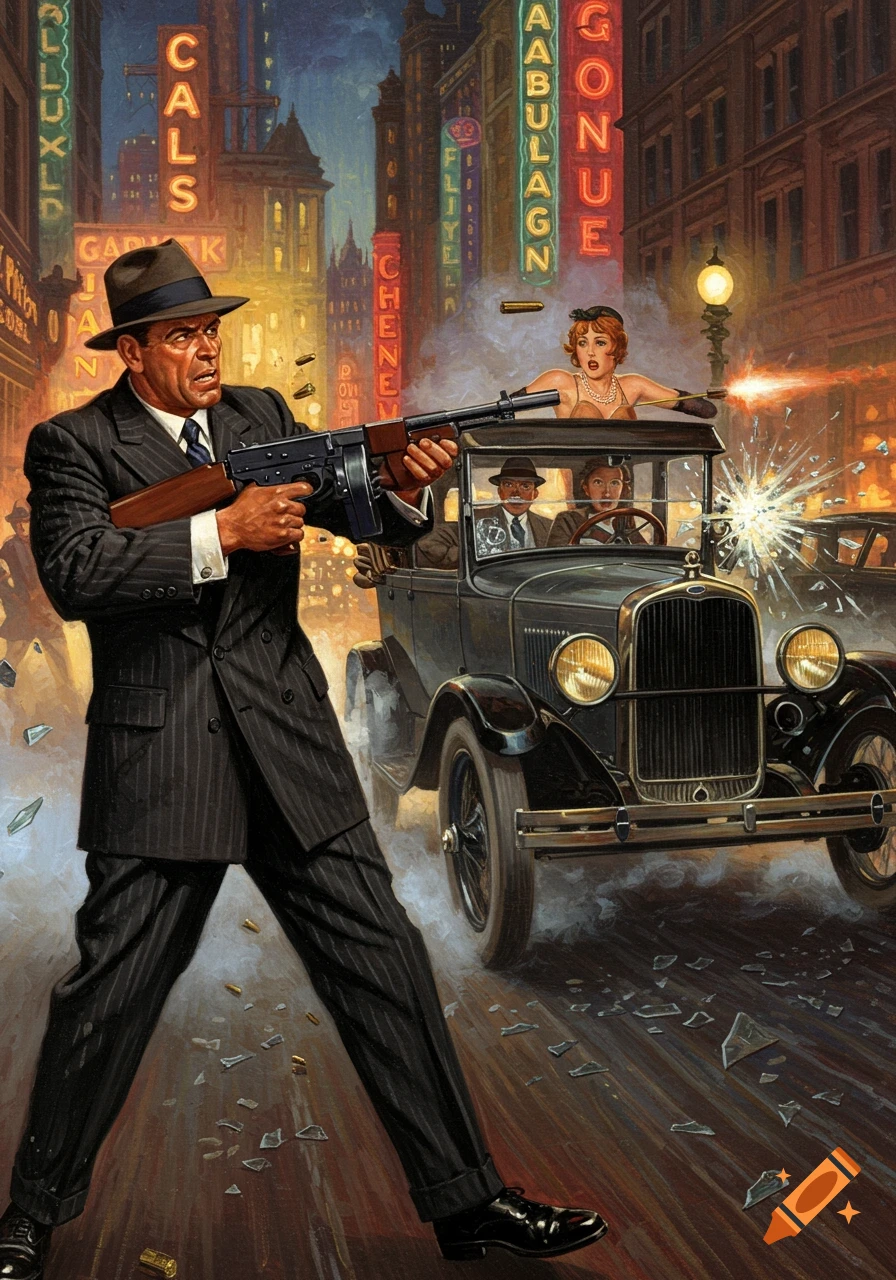Pulp-style oil painting of a 1920s gangster firing a tommy gun at a vintage car carrying other gangsters and a panicking gun moll on a city street at night.