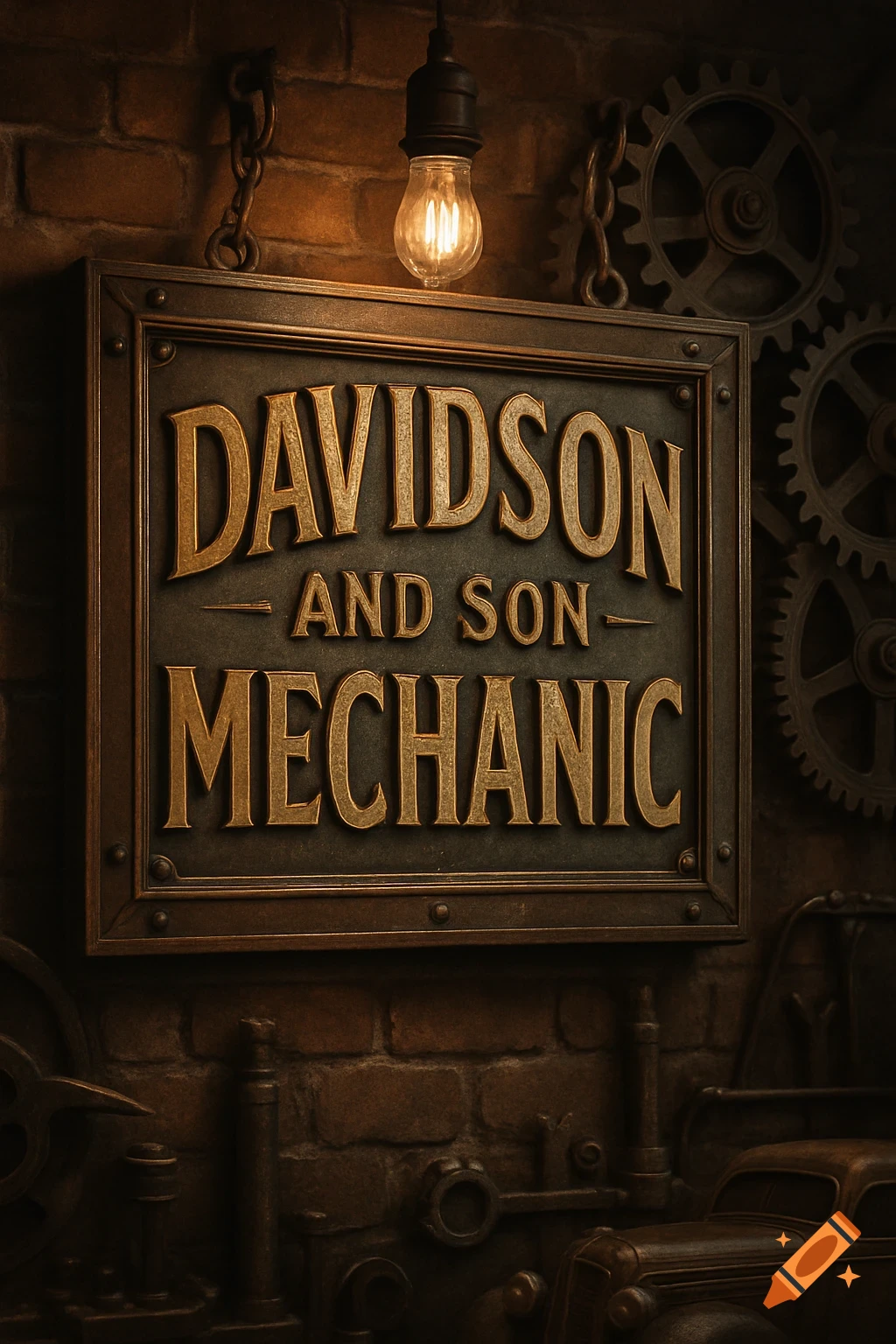 A vintage 'Davidson and Son Mechanic' sign hangs on a brick wall, illuminated by a single light bulb, surrounded by gears.