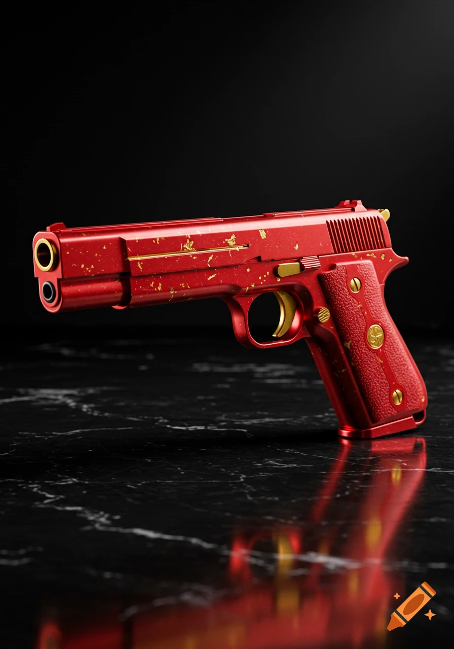 A photorealistic close-up of a vibrant red handgun with gold accents and gold flecks, resting on a dark, reflective marble surface.