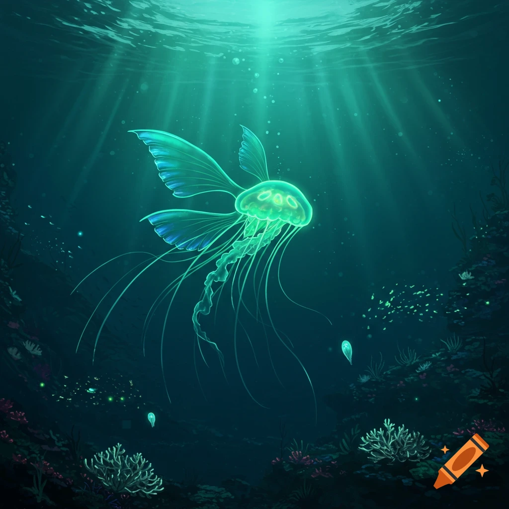 A glowing green jellyfish-like creature with large fins swims in deep blue water, illuminated by light rays from the surface.