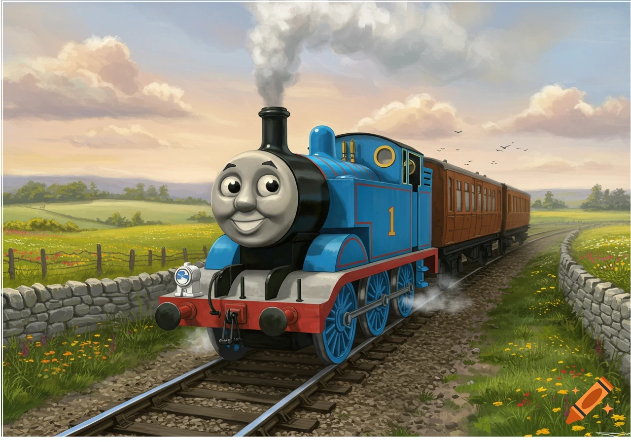 A smiling blue cartoon train, Thomas the Tank Engine with the number 1, pulls brown passenger cars through a green field with wildflowers and a stone wall under a cloudy sky.