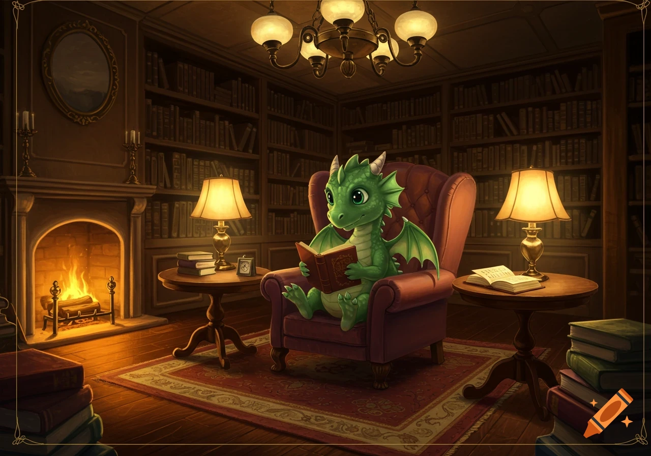 A cute green dragon sits reading a book in a cozy, warm-toned library with a fireplace and bookshelves.