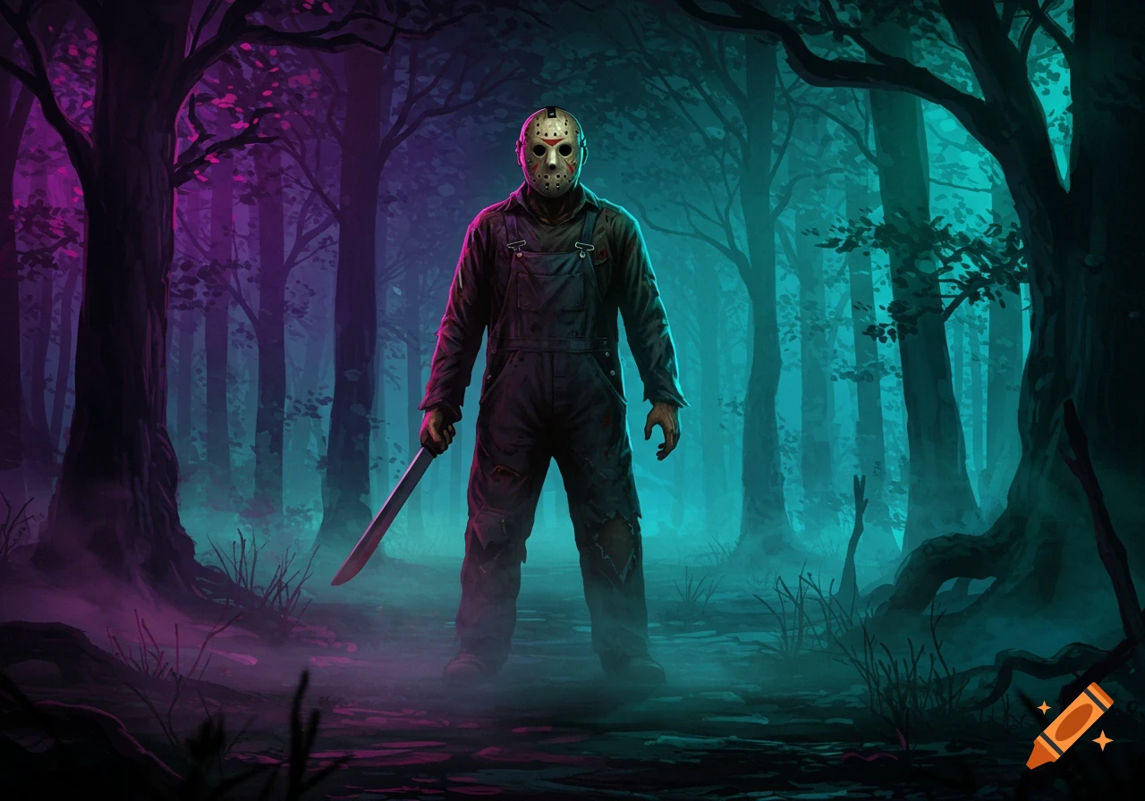 Jason Voorhees stands with a machete in a dark, stylized forest illuminated by purple and teal light.