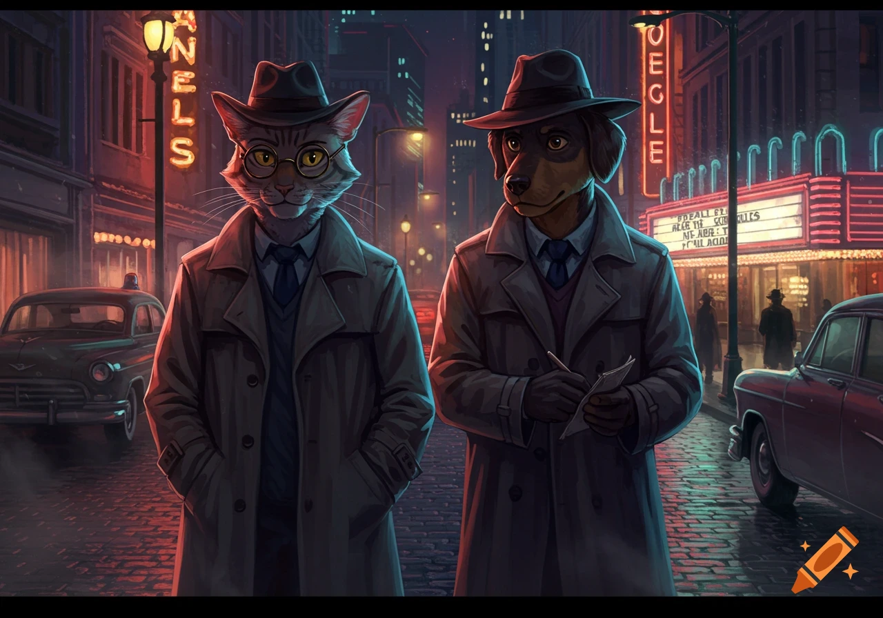 An anthropomorphic cat and dog dressed as detectives stand on a neon-lit city street at night, classic cars parked nearby.