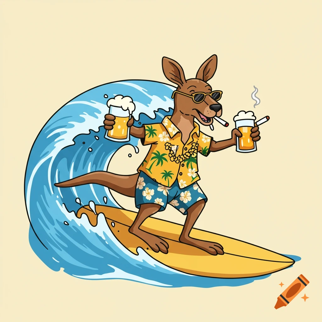 A cartoon kangaroo wearing a Hawaiian shirt and sunglasses, surfing a wave while holding two beers and smoking a cigarette.