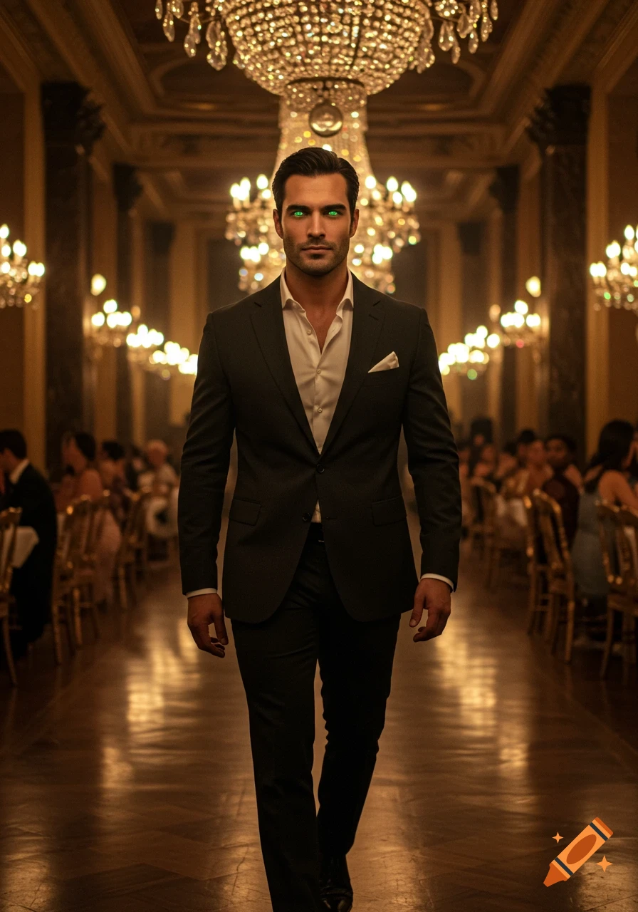 Photorealistic image of a man with glowing green eyes in a dark suit walking through a grand ballroom.