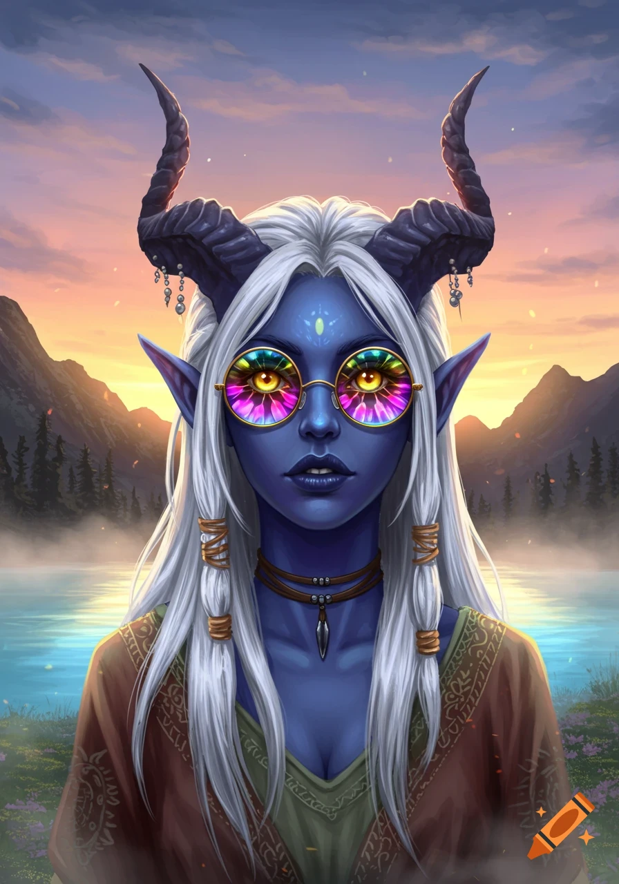 A blue-skinned female tiefling with white hair and horns wears colorful hippie sunglasses, standing by a lake at sunset.