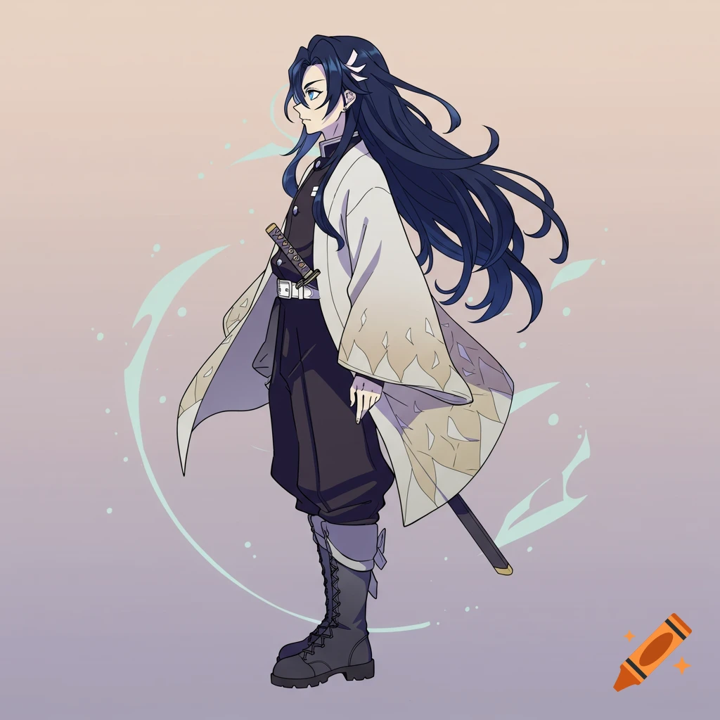 An anime character with long dark hair and blue eyes, wearing a white and black outfit with a sword at their side.