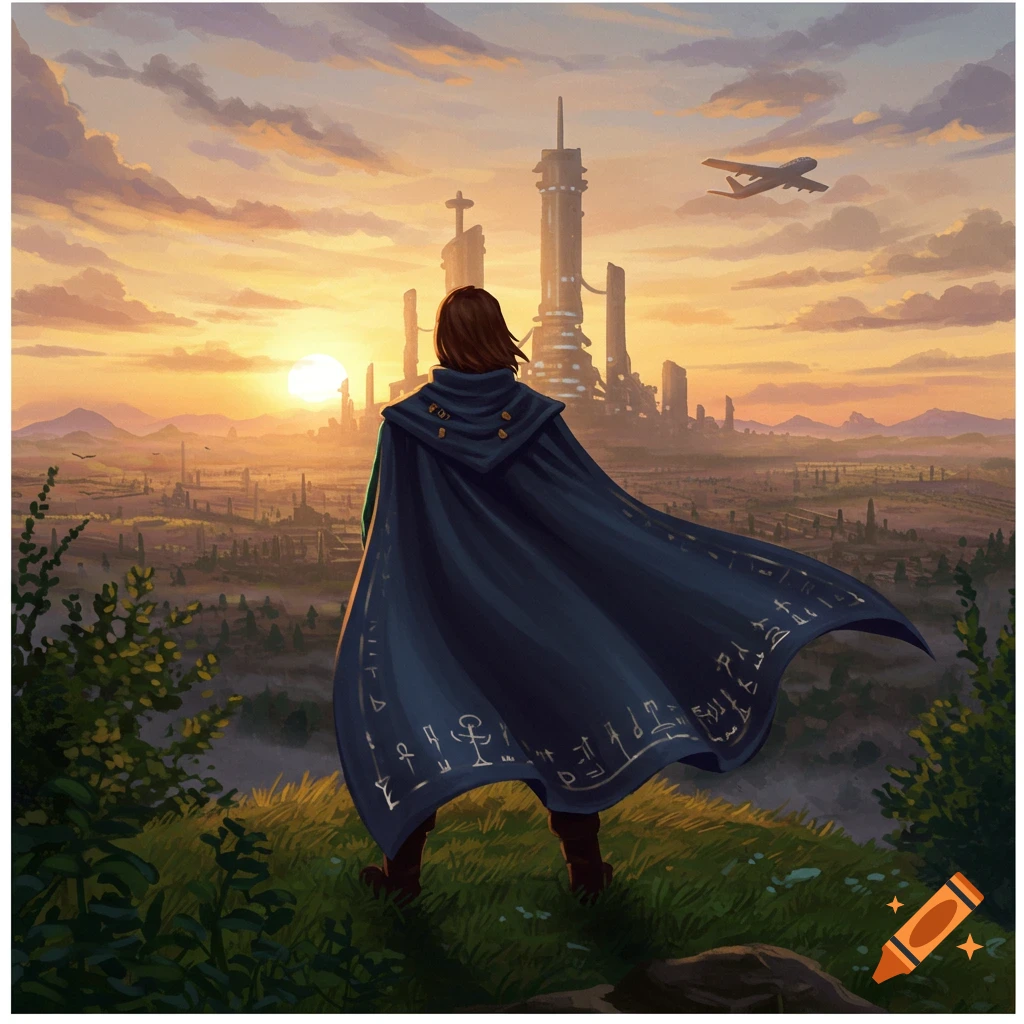 A figure in a dark blue cape with runes stands on a grassy hill, looking out at a futuristic city skyline during sunset, with an airplane in the sky.