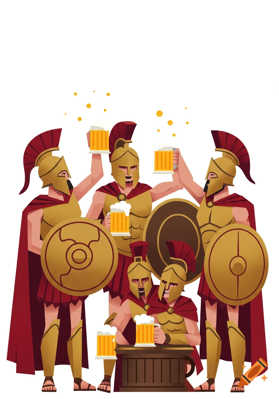 Stylized illustration of five Spartan warriors in gold armor and red capes, cheering with mugs of beer on a white background.