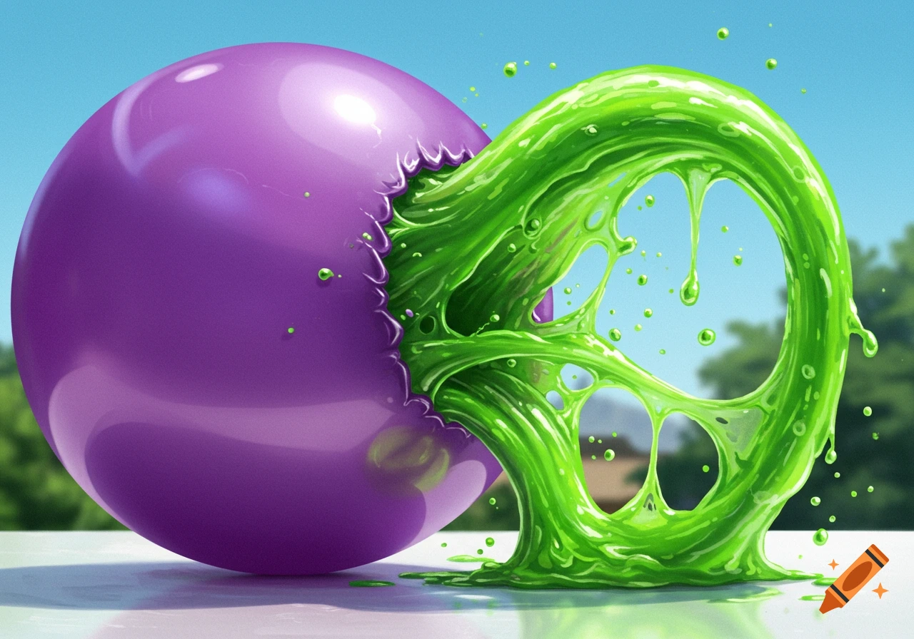 A glossy purple sphere bursts, releasing bright green, viscous slime that drips and splatters.