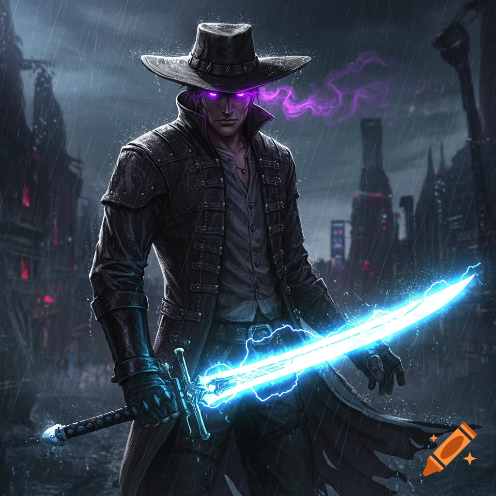 An anime man with glowing purple eyes, wearing a black hat and coat, stands in the rain holding a glowing blue sword, with a dark cityscape behind him.