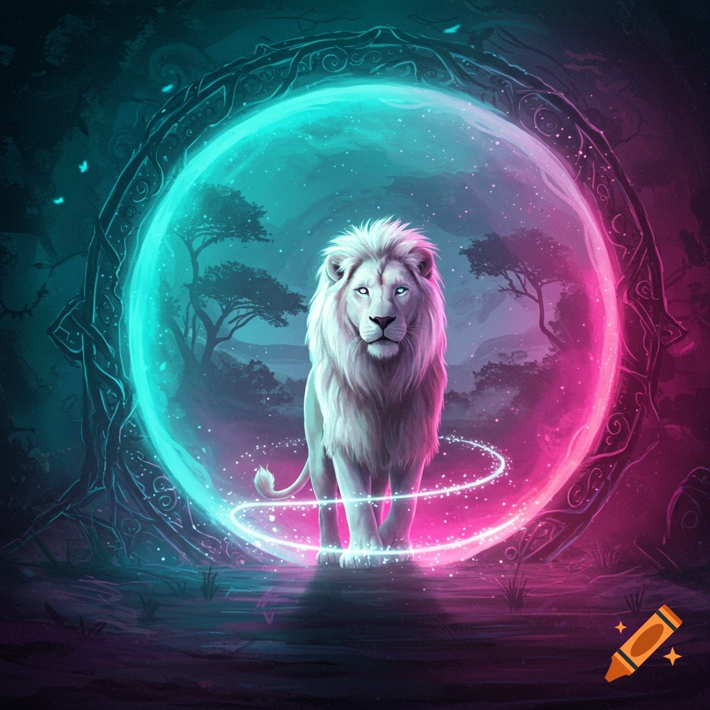 A white lion with glowing eyes stands in a glowing teal and pink magical portal, surrounded by a dark forest.