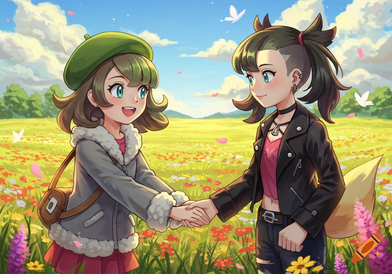 Anime characters Gloria and Marnie from Pokemon holding hands in a bright, flower-filled field under a blue sky.