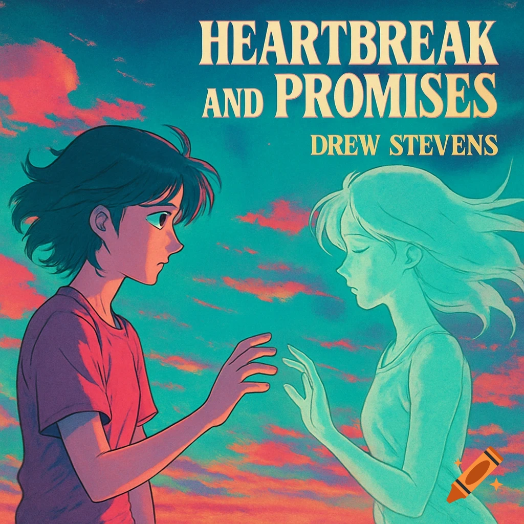 Anime album cover with a boy and a translucent girl reaching under a sunset sky. Text: Heartbreak and Promises by Drew Stevens.