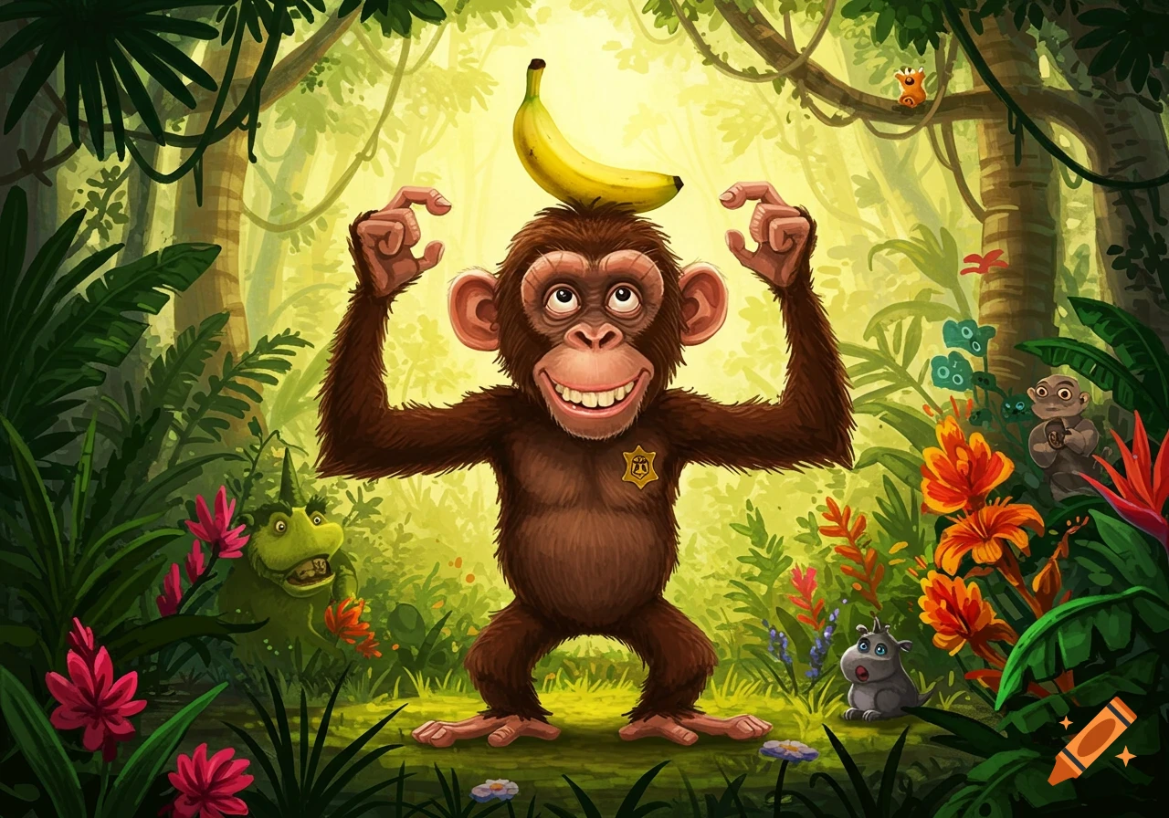 A smiling cartoon chimpanzee with a sheriff's badge balancing a banana on its head in a vibrant jungle.