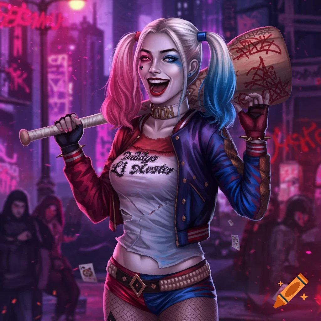 Harley Quinn stands smiling in a city street, holding a baseball bat on her shoulder and a mallet on her back, vibrant pink and purple neon lights illuminate the background.
