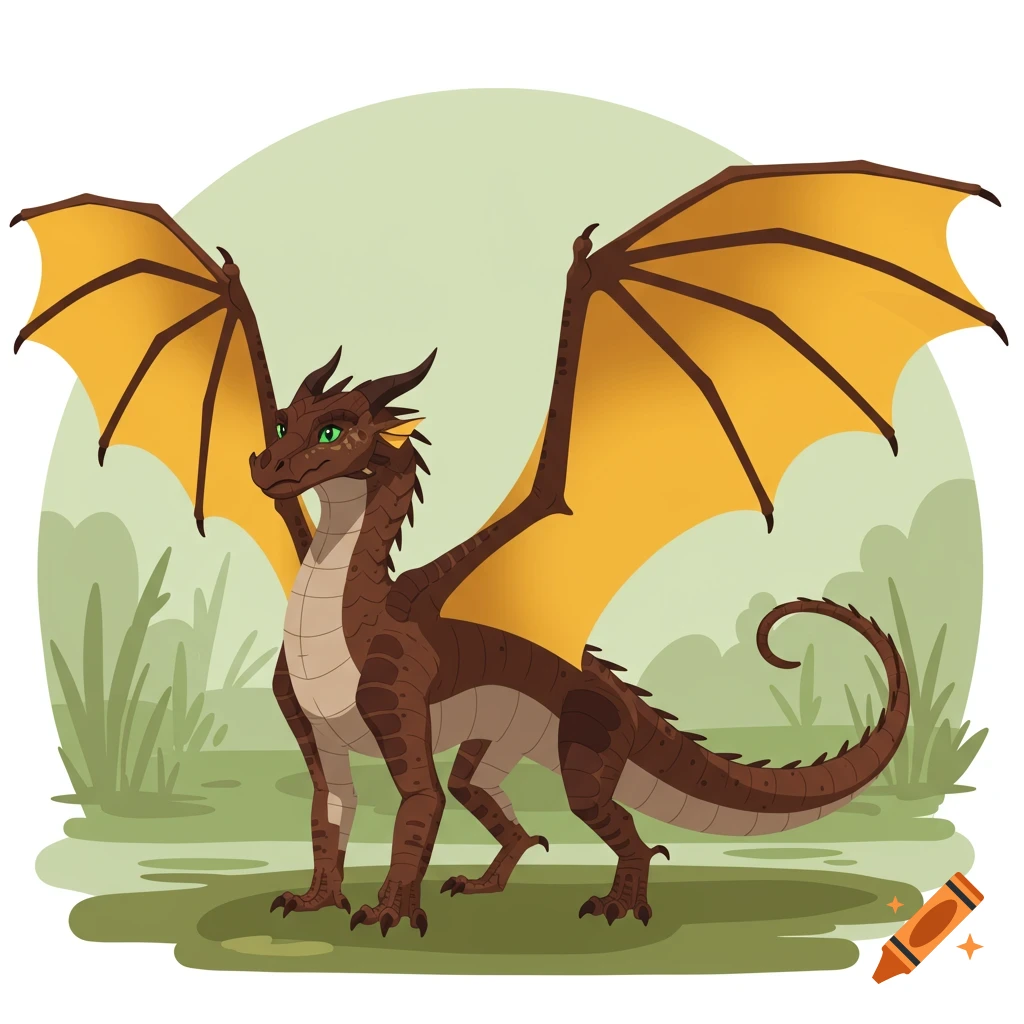 A brown cartoon dragon with large gold wings and green eyes stands in a green swampy landscape.