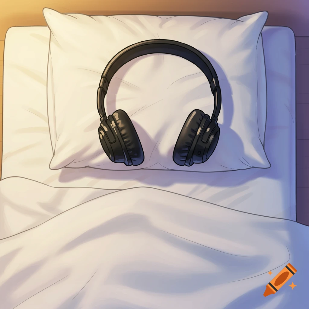 Black headphones resting on a white pillow on a bed, in a cartoon style, viewed from above.