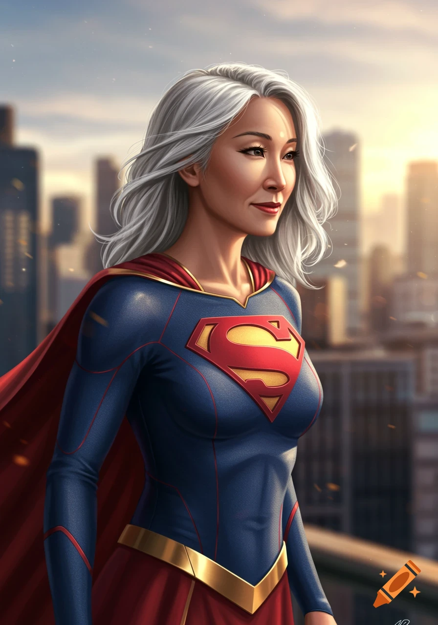 An older Asian woman with white hair, dressed as Superwoman, stands on a city rooftop at sunset in an illustrated style.