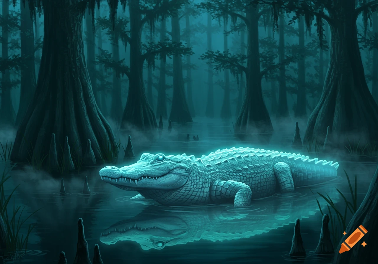 A glowing, ghostly white alligator rests in a dark, misty swamp surrounded by cypress trees.