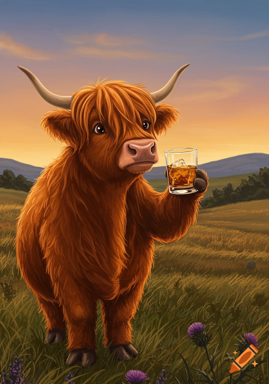 An animated Highland cow stands in a grassy field at sunset, holding a glass of whiskey with ice.