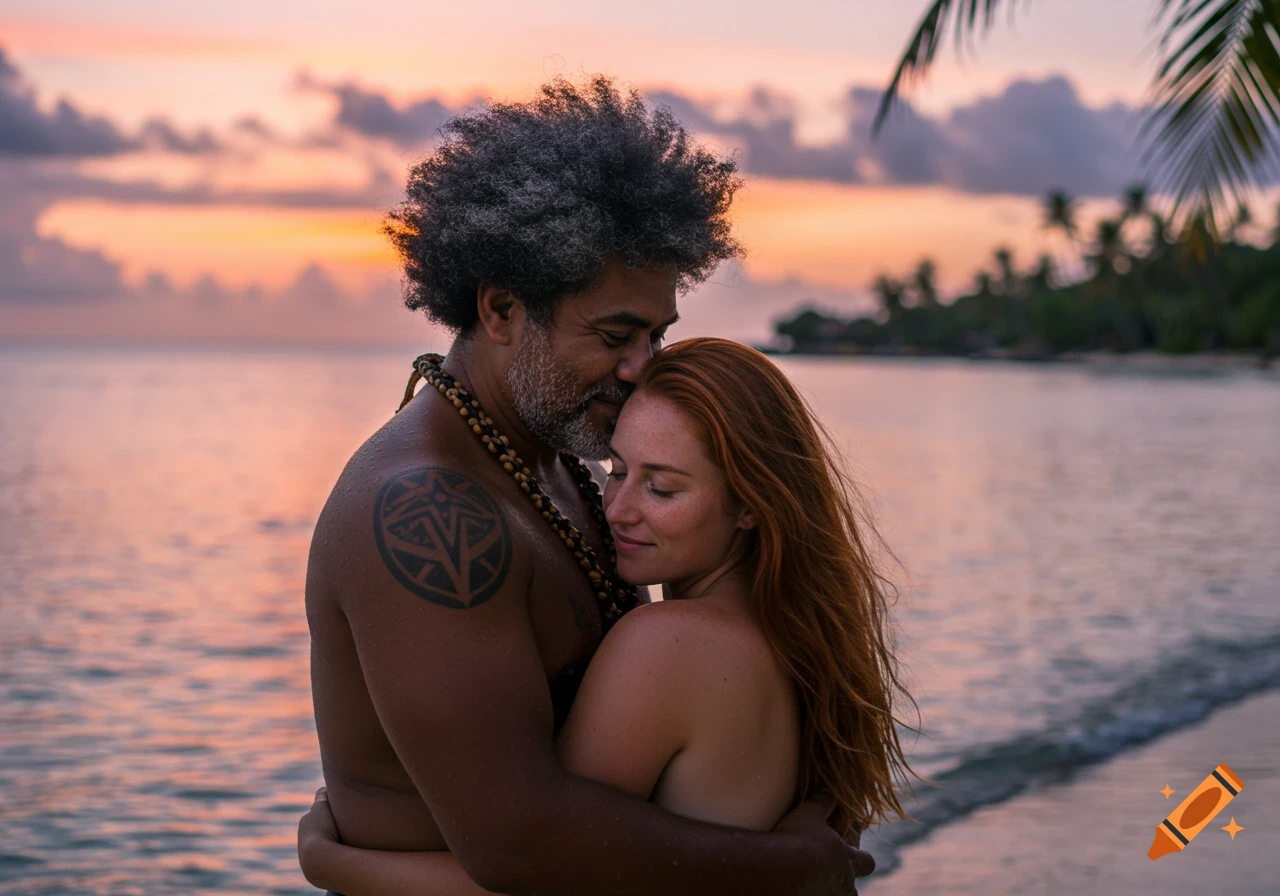 A man with an afro embraces a woman with long red hair on a beach at sunset.