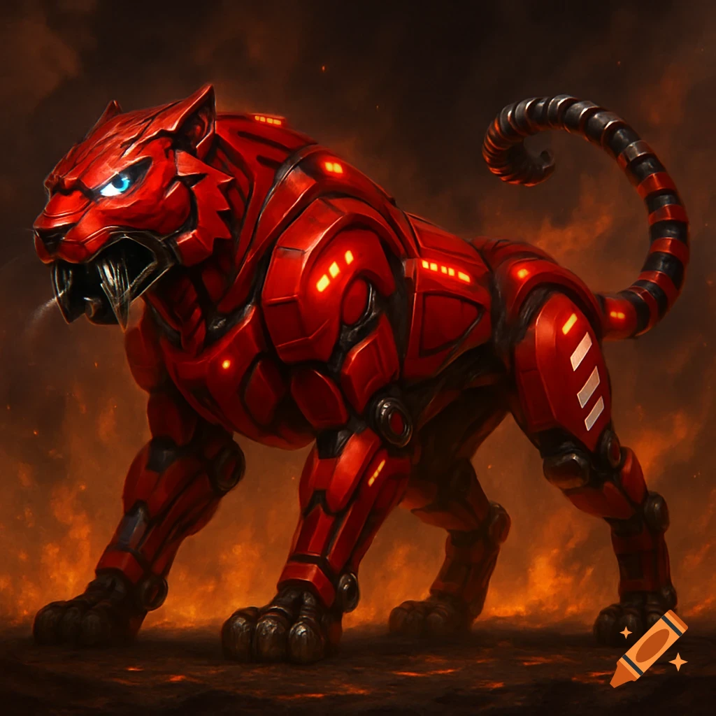 A fierce red biomechanical tiger with glowing lights stands in a fiery landscape, digital art.