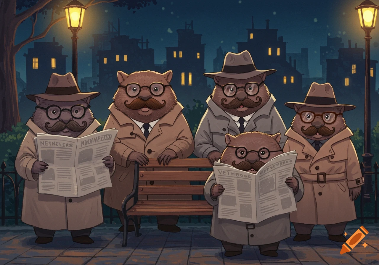 Five cartoon wombats dressed as spies with trench coats, hats, glasses, and mustaches, two reading newspapers at night under a street lamp.