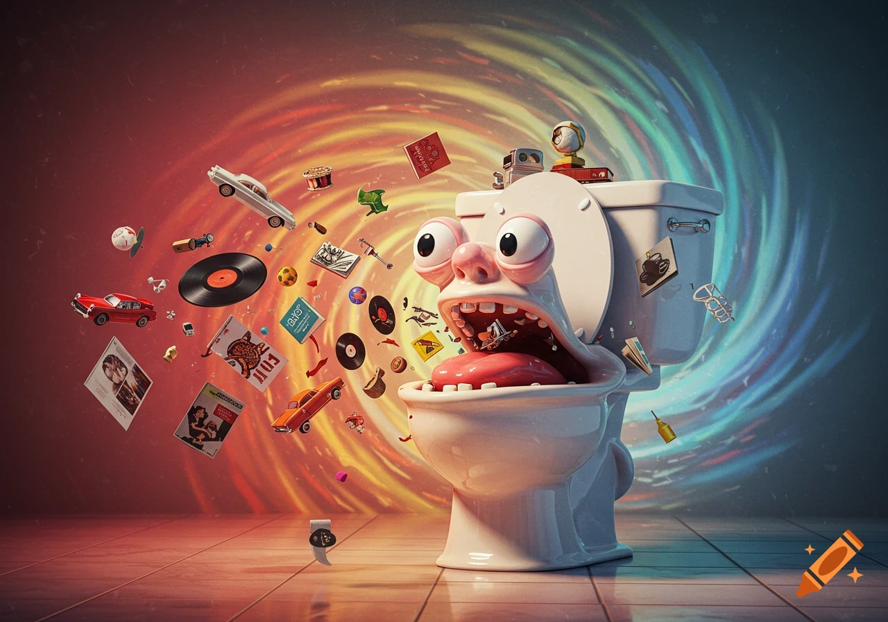 A whimsical, wide-mouthed toilet with large eyes and a pink nose, appears to be eating everything as a vortex of various objects like cars, records, and books spins around it against a red and blue background.
